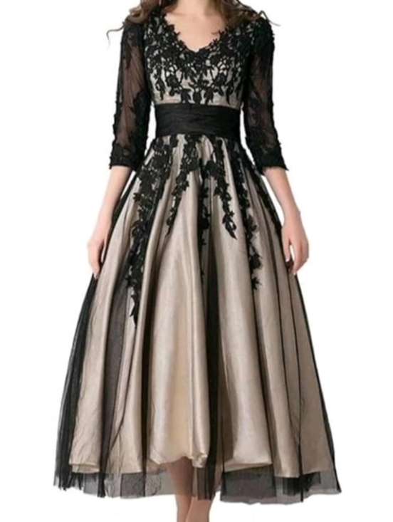 Dresses & Skirts - Elegant Black Lace Overlay Midi Dress - Taupe Underlay
